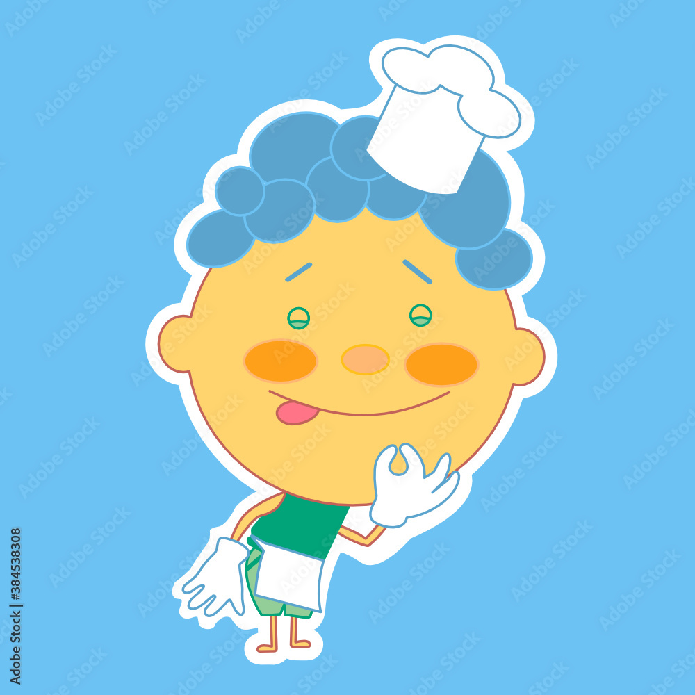 emoticon with chibi cook with yummy expression on his face showing delicious gesture with eyes closed and sticking tongue out a little to express how tasty the food is