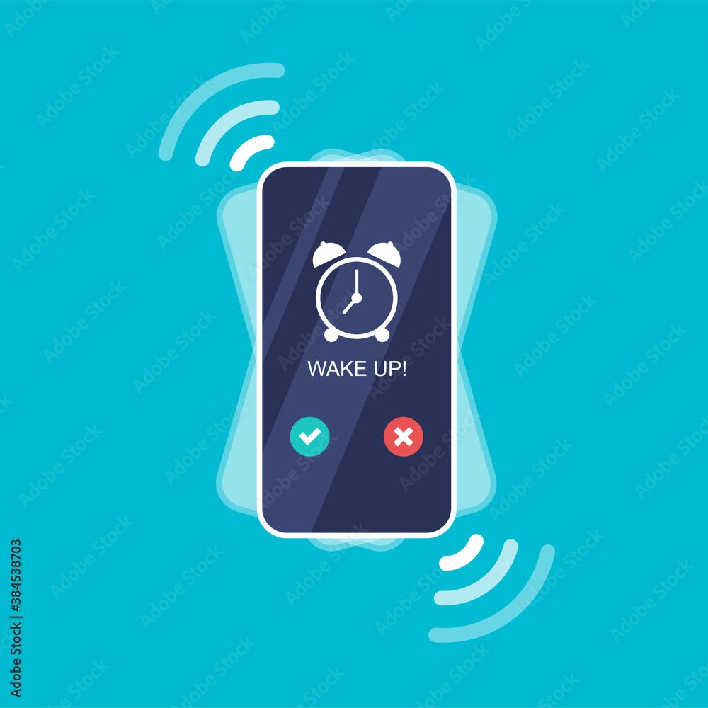 Phone with app alarm clock on the screen. Vibrating smartphone isolated on blue background. Mobile technologies concept. - obrazy, fototapety, plakaty 
