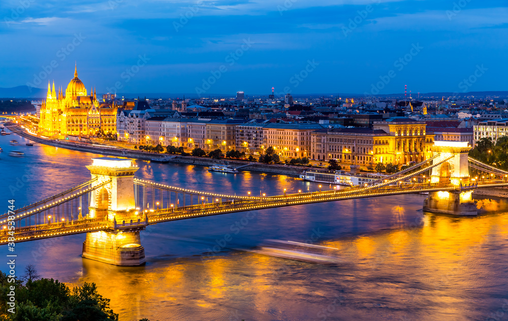 Panorama on the Parliament and Chain Bridge in Budapest at night, Hungary