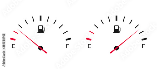 Fuel gauge. Fuel tank full and empty. Car dashboard. Gasoline meter.
