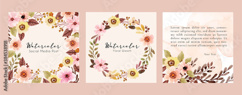 Square Watercolor Frame with Pink Floral and Brown Leaves for Social Media Post