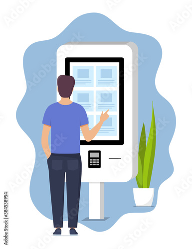 Man using self-service payment and information electronic terminal with touch screen. Vector illustration in flat style.