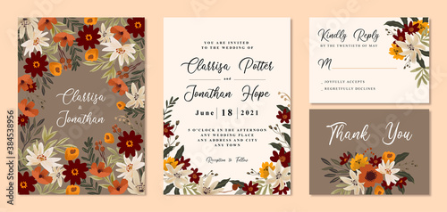 Vintage Wedding Invitation with Warm and Brown Flowers