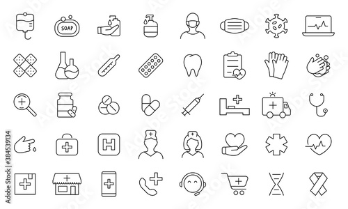 Big set of medical linear icons. Medicine and healthcare symbols.