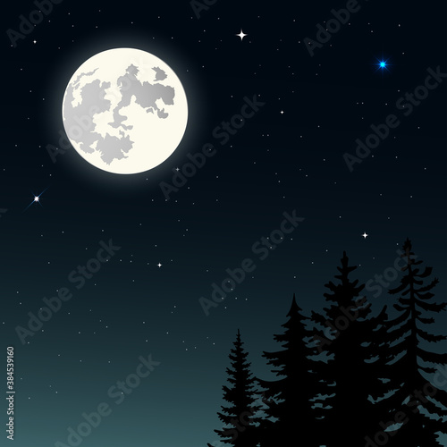 moon in the night. moon and tree.night sky with full moon, stars and silhouette of pine trees.Vector night landscape. Stars, moon, panorama, gloomy forest.