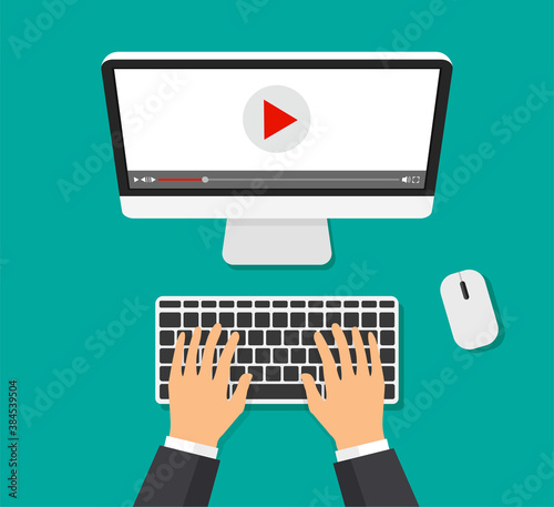 Video player on a monitor display. TV streaming and watching video content. Hands are typing on computer keyboard top view. Movie concept. Vector illustration. 