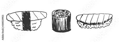 set of 3 sushi roll sketch doodles, vector
