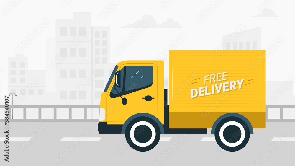 Free Delivery Service Truck, Order Worldwide Shipping Transport vector flat illustration