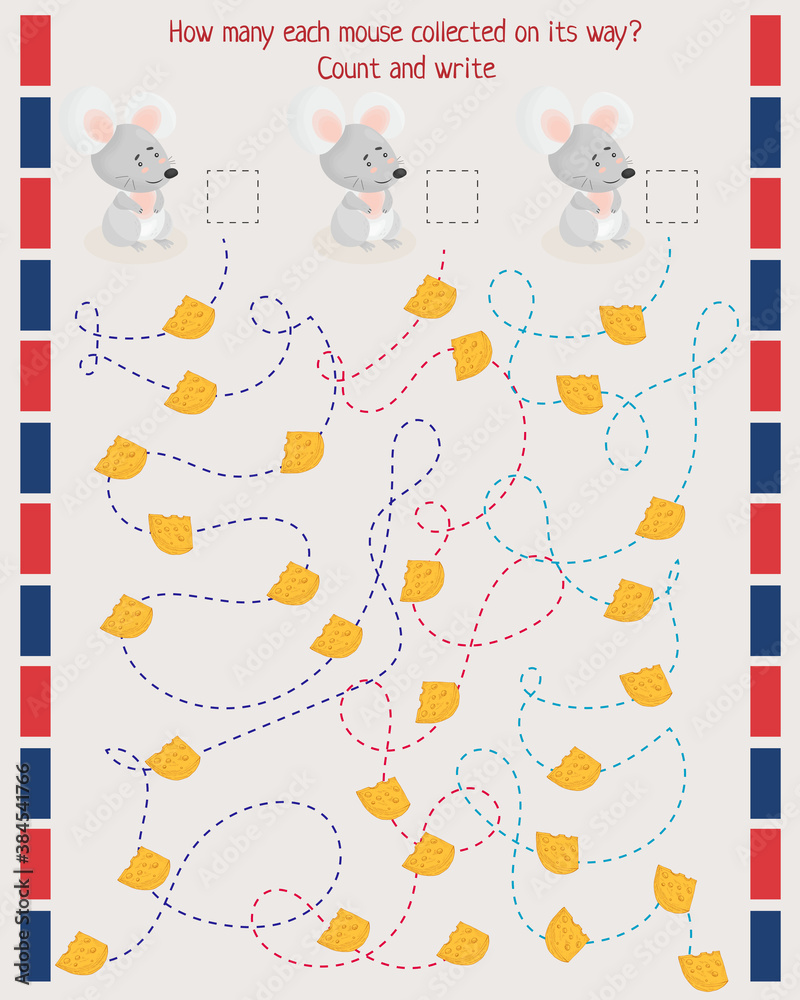 Obraz premium math game for children. Count and write down how much cheese each mouse collected on its way