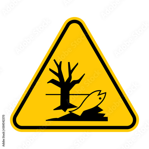 Pollutants to environment warning sign. Vector illustration of yellow triangle sign with dead fish and tree icon inside. Environmental pollution symbol. Caution danger zone. Contamination beware.