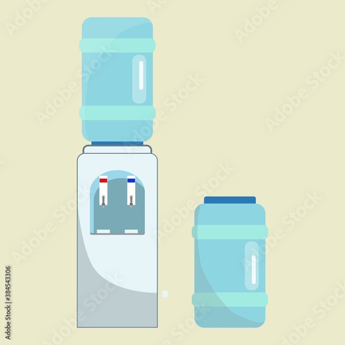 Vector office water cooler with one bottle on the top of it, and another on the side. Isolated on light yellow background