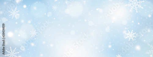 Winter blue sky with falling snow. Merry Christmas and Happy New Year festive background with snowflakes. Xmas design for advertising, social and fashion ads. Place for text. Vector illustration.