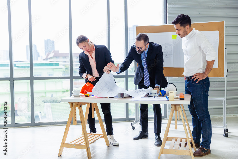 Group engineering or business people working and meeting with manager, Project planner or architecture discussion with team