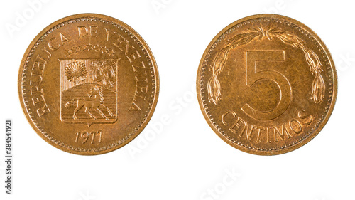authentic Venezuelan 5 Centimos coin Bolivar currency year 1977 obverse and reverse side on white background,macro close up photo