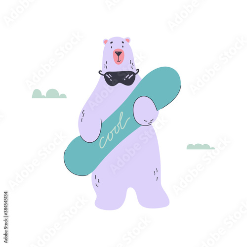 Funny polar bear with snowboard. Vector illustration.