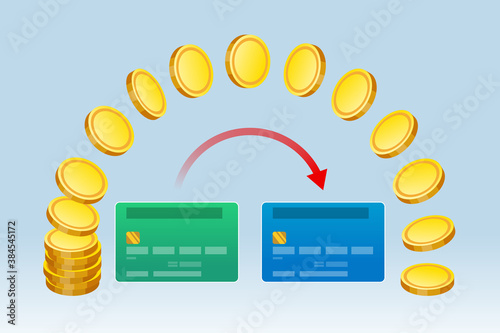 Gold coins and bank cards, concept of money transfer and payments