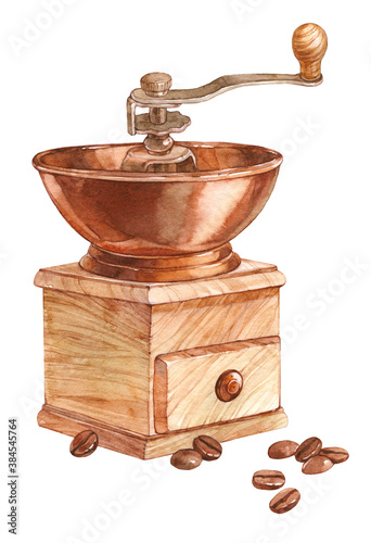 coffee grinder manual, watercolor illustration on white background