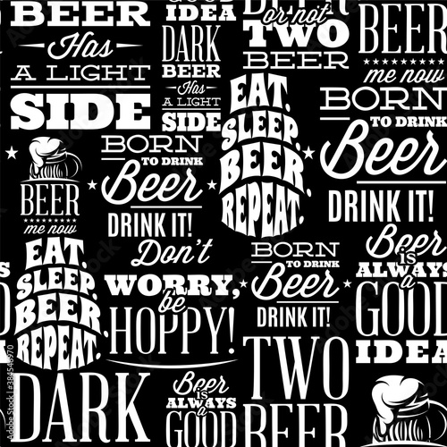 Seamless backdrop with quotes on theme of Beer. Black background