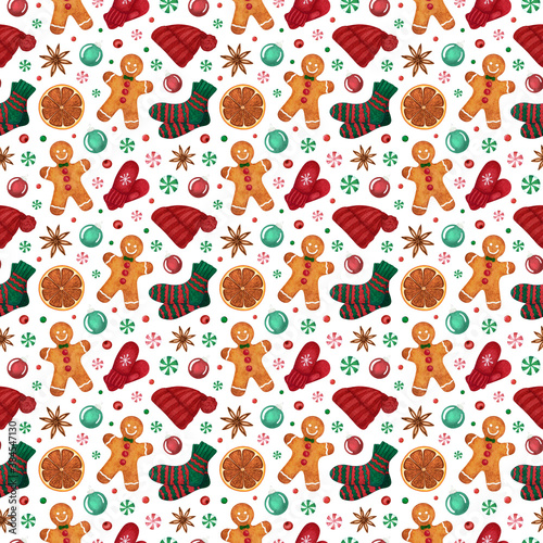 Fototapeta Naklejka Na Ścianę i Meble -  Seamless pattern with watercolor Christmas gingerbread man, warm knitted clothes, holiday tree balls, candy. Hand drawn winter holiday background for wrapping paper, textile, package, scrapbooking
