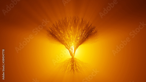 Silhouette of growing tree with roots. Sun rays shining through the tree. Eco Concept.