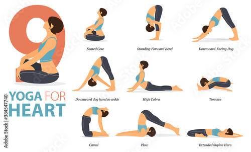 9 Yoga poses or asana posture for workout in Yoga for heart concept. Women exercising for body stretching. Fitness infographic. Flat cartoon vector
