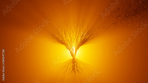 Silhouette of growing tree with roots. Sun rays shining through the tree. Eco Concept.