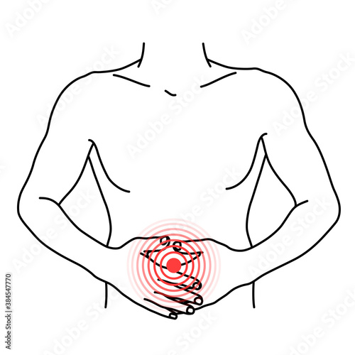 Abdominal pain minimal medical outline poster. Red spot showing disease location. Stomach ache.