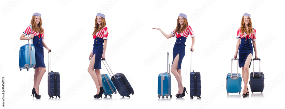 Woman travel attendant with suitcase on white
