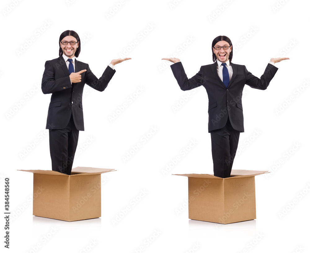 Man in thinking out of the box concept Man in thinking out of the box concept