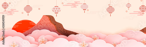 Illustration of a mountain among flowers, lanterns and clouds. In the foreground are spring flowers. Japanese and Chinese patterns. Flat style. Template for a holiday card, banner, web page.