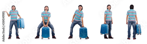 Young man with suitcase isolated on white