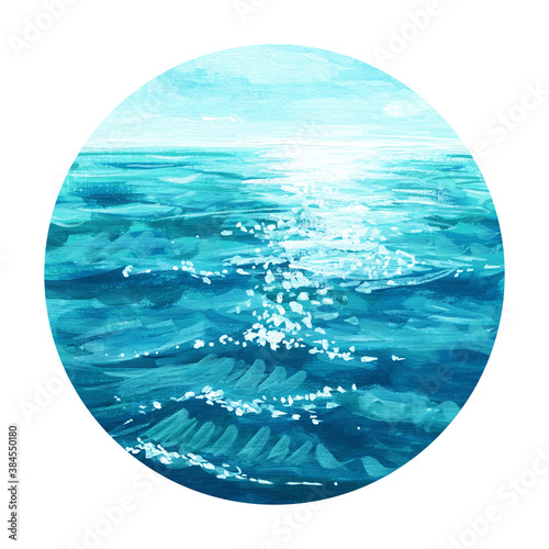 Watercolor illustration.The circle in which the landscape is inscribed. Blue water with waves and sun highlights.