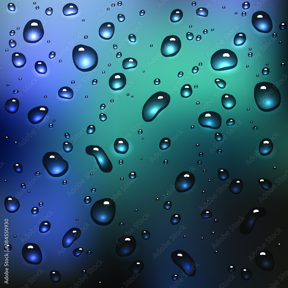 Water rain drops or condensation over blurred and blue nature background beyond the window, realistic transparent vector illustration.