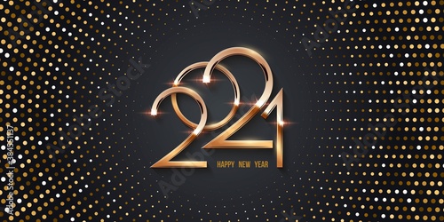 Happy new year 2021 card with halftone background. Shining with sparkles numbers and dots pattern. Greeting festive vector illustration. Merry holiday modern poster design
