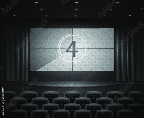 Retro dark cinema or theater hall, vintage black and white style. wide screen with movie countdown. Realistic vector illustration