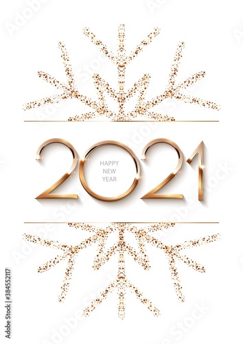 Happy New Year 2021 background with gold frame and snowflake. Shining with sparkles numbers and border Christmas card. Greeting festive vector illustration. Merry holiday modern poster design