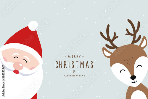 Santa and reindeer cute cartoon merry christmas lettering snowy background