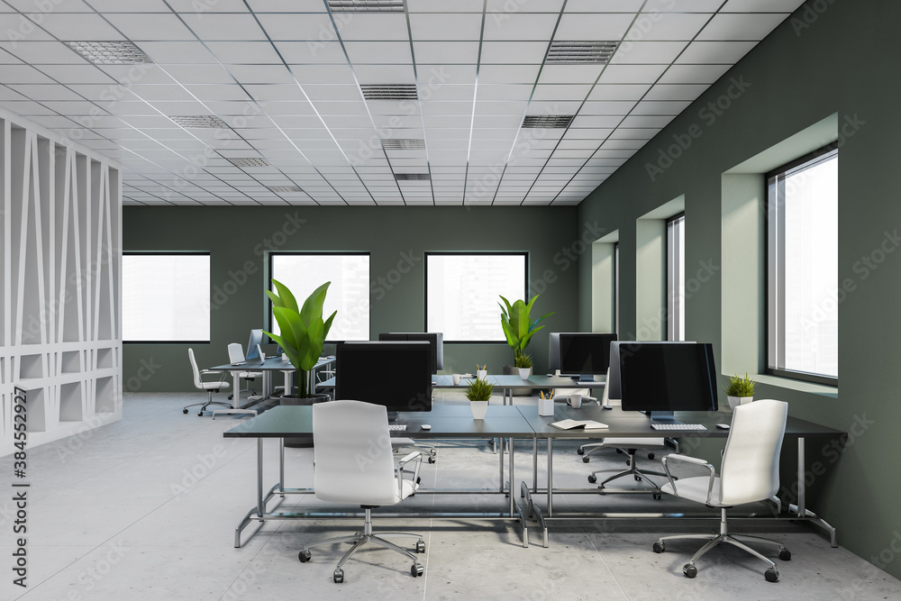 Modern white and gray open space office interior - obrazy, fototapety, plakaty 