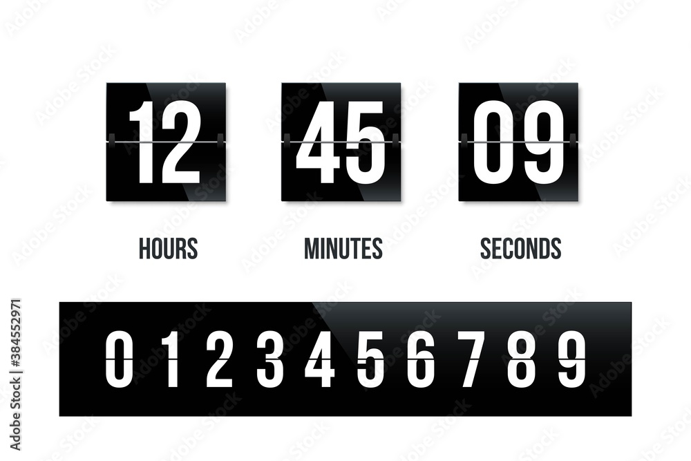 Flip board black clock panel with number countdown. Modern counter scoreboard for time vector illustration. Hours, minutes, seconds left on display, indicator on white background Flip board black clock panel with number countdown. Modern counter scoreboard for time vector illustration. Hours, minutes, seconds left on display, indicator on white background