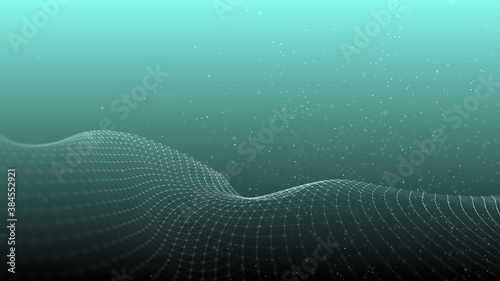 Particle placement with hanging dots in space. Wave of particles. Wave with connecting dots and lines. Space abstract. Landscape background . Abstract gradient dynamic wave of particles. 3d rendering.