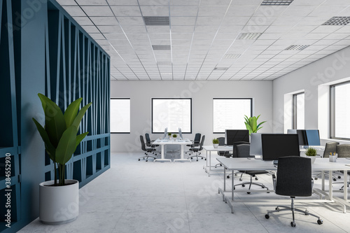 Modern white and blue open space office interior photo