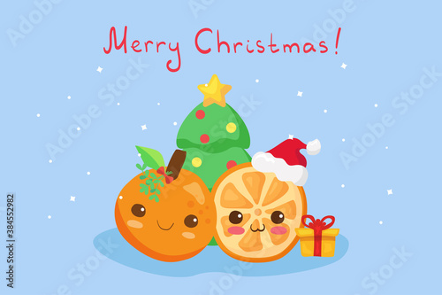 Kawaii stock vector illustration with cute festive tangerines. Happy funny food character with lettering. Happy New Year and Merry Christmas mandarins. Use for children holidays menu  print  poster.