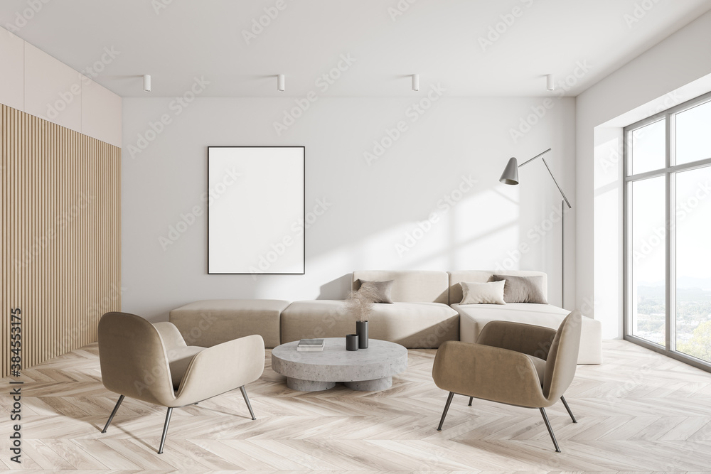 Fototapeta premium Modern white and wooden living room with armchairs and poster