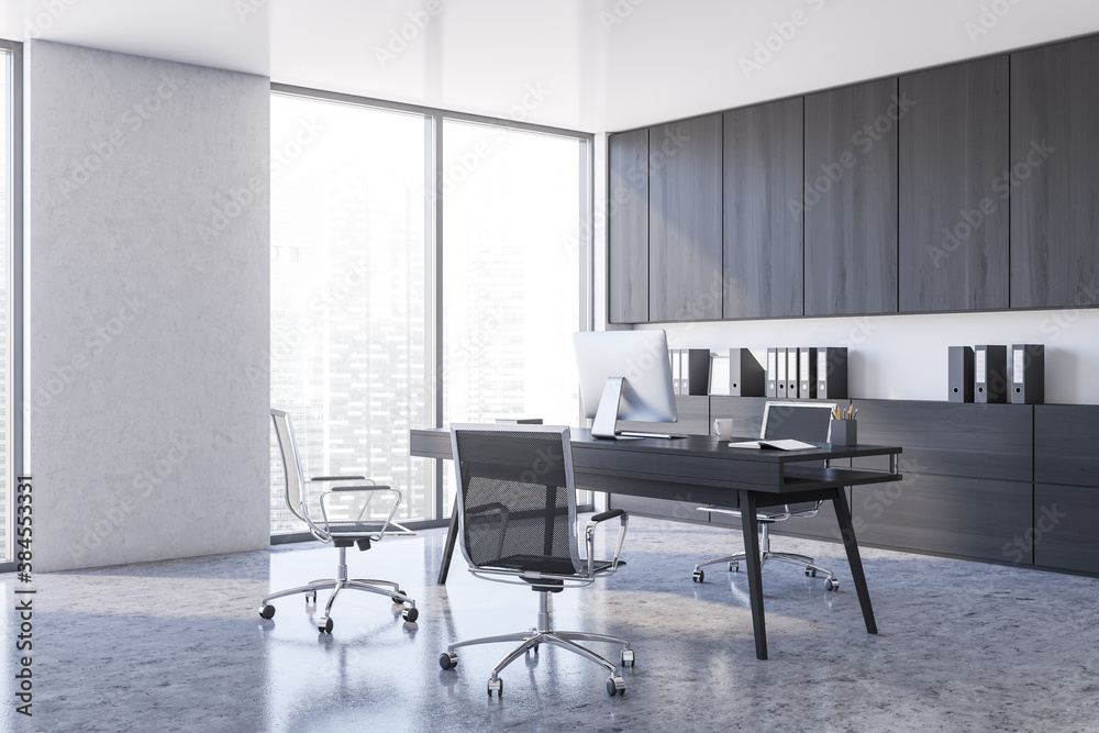 Modern white CEO office corner with wooden cabinets Modern white CEO office corner with wooden cabinets