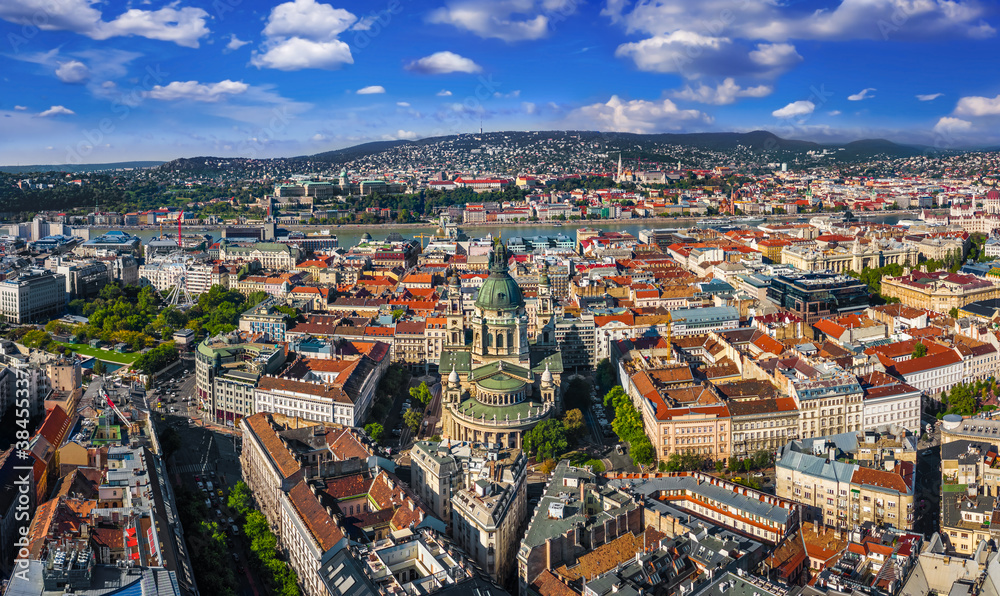 Budapest, Hungary - Aerial panoramic view of Budapest with St.Stephen's Basilica. Szechenyi Chain Bridge, Elisabeth Square, Buda Castle Royal Palace, ferris wheel at background on a sunny summer day