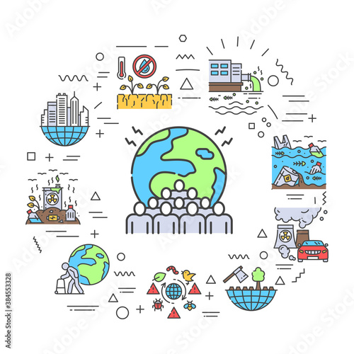 Environmental issues web banner. Infographics with linear icons on white background. Creative idea concept. Isolated outline color illustration.