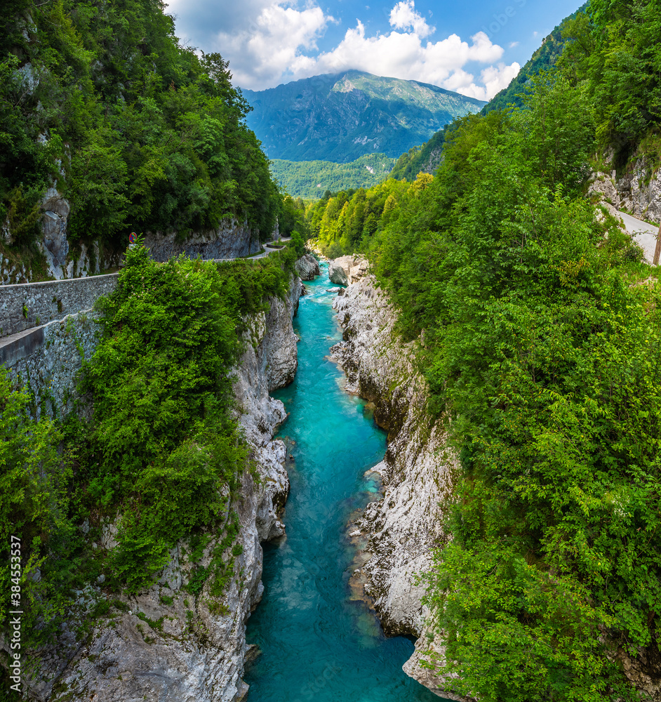 Soca Valley, Slovenia - River Soca is a beautiful turquoise water river in the Slovenian Alps located near the town of Kobarid in Triglav National Park, Julian Alps, Europe Soca Valley, Slovenia - River Soca is a beautiful turquoise water river in the Slovenian Alps located near the town of Kobarid in Triglav National Park, Julian Alps, Europe
