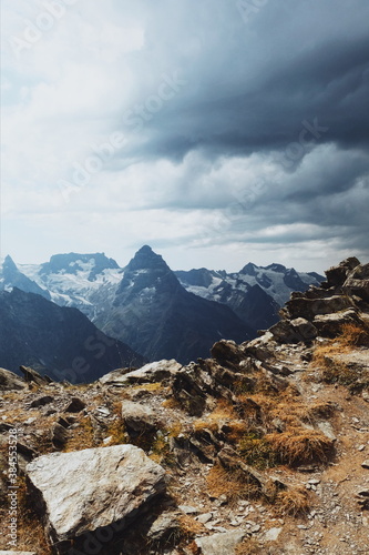 panoramic view of the mountains on a rainy summer day.