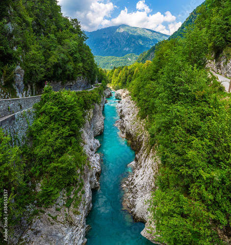 Soca Valley, Slovenia - River Soca is a beautiful turquoise water river in the Slovenian Alps located near the town of Kobarid in Triglav National Park, Julian Alps, Europe