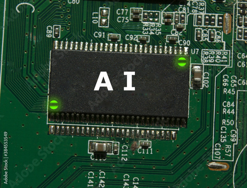 The electronic chip ai on green pcb closeup